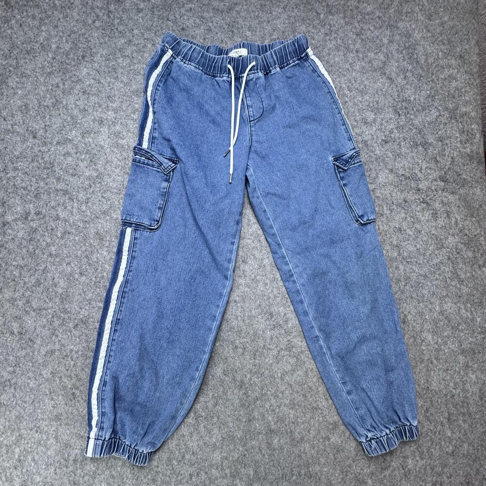 Forever 21 Jeans Womens Large Blue Striped Cargo Jogger Elastic Waist Cuffed